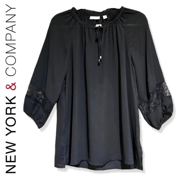 ✨️4/$20. NY&C Black Long Sleeve Blouse Lace Detail, Peasant Ruffle w/ Neck Tie - Picture 1 of 11